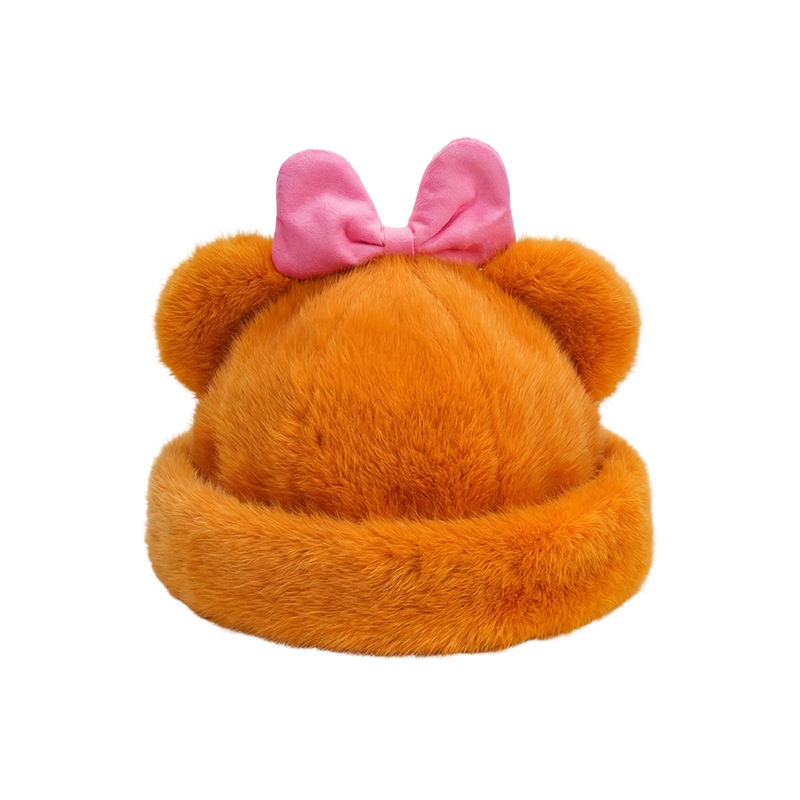 주황색 곰 귀 봉제 모자